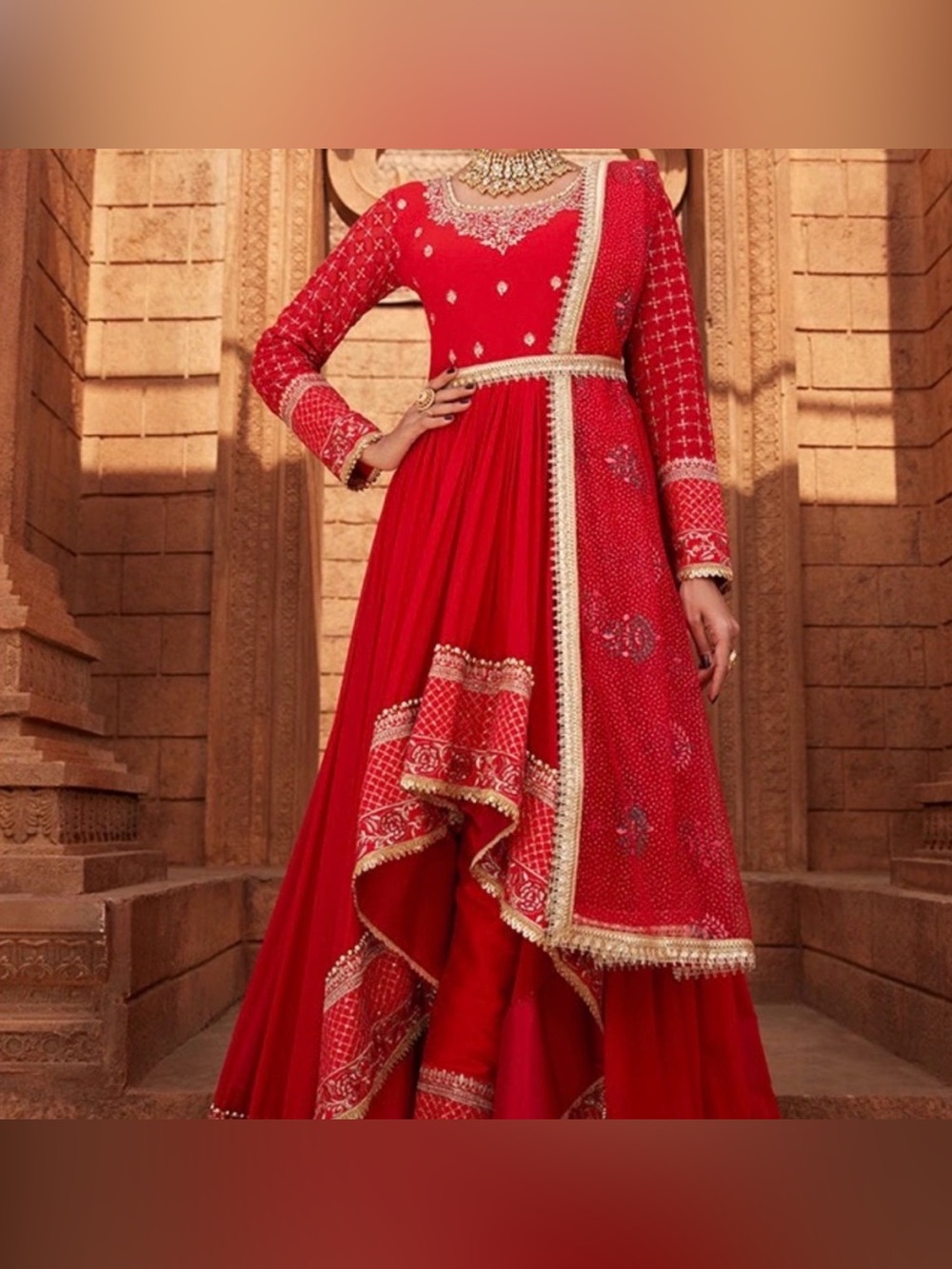 Lashkaraa Red Embroidered High Low Anarkali– Elegant Traditional Evening Wear